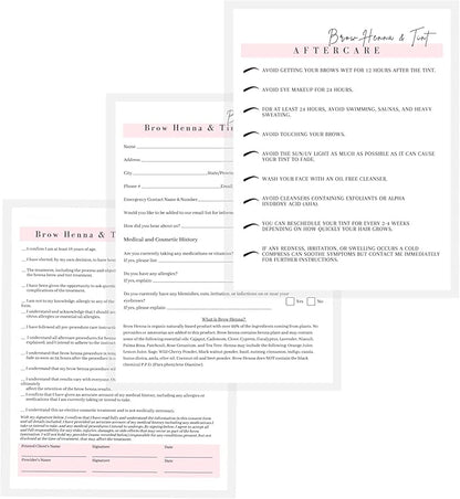 Brow Henna and Tint Intake Forms, Consent, and Aftercare Instruction Cards | 75 pk, 25 of Each | for Client Signature Medical History Information 8.5x11” A1