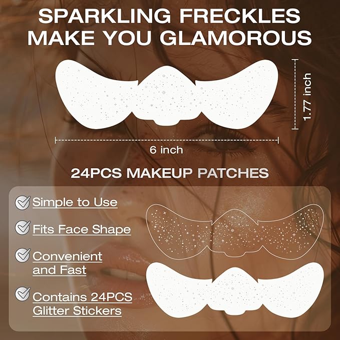 24 Pcs Glitter Freckles Face Tattoo,Silver Face Glitter Makeup Patches Cute Sparkle Freckles Patches Waterproof Makeup Speckles for Face Accessories for Women Girls