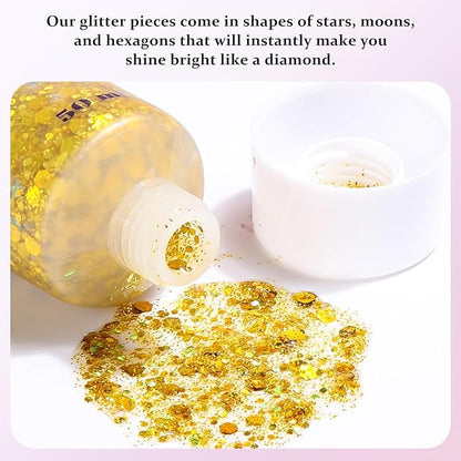 Long Lasting Golden Body Glitter Holographic Sparkling Cosmetic Grade Chunky Glitter for Face Hair (Golden)