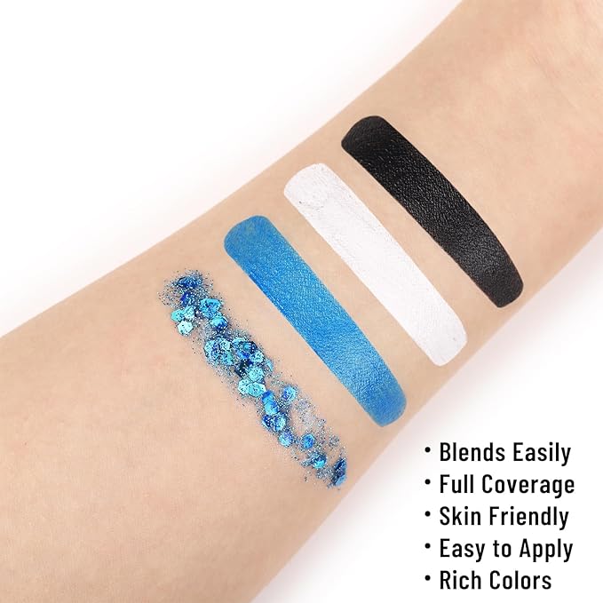BOBISUKA Halloween Face Paint Kit - Black, White, Blue + Body Glitter Gel + Face Gems - Professional Washable Body Paint for SFX, Cosplay, Party, Stage Performance Makeup