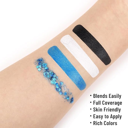 BOBISUKA Halloween Face Paint Kit - Black, White, Blue + Body Glitter Gel + Face Gems - Professional Washable Body Paint for SFX, Cosplay, Party, Stage Performance Makeup