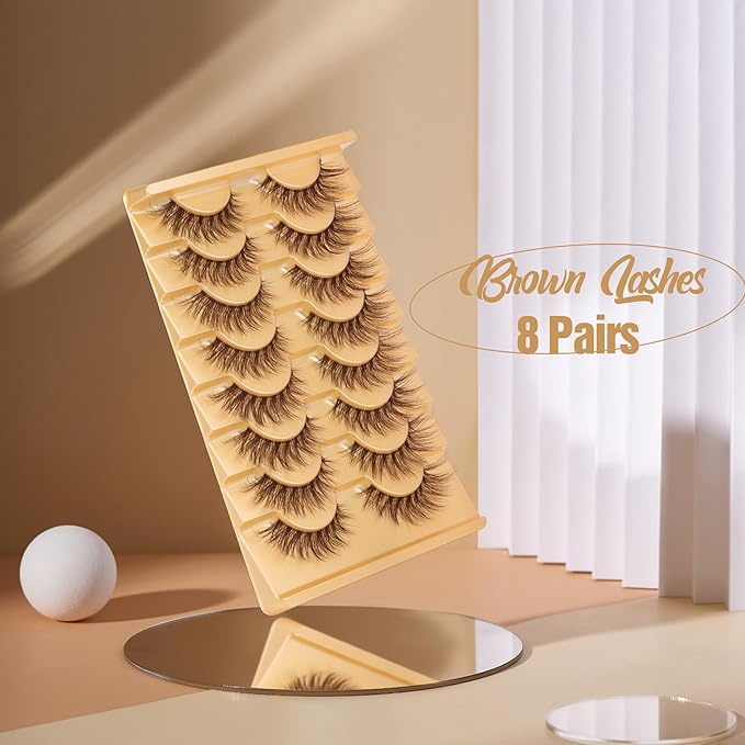 Brown Lashes Strip Natural Looking Cat Eye Eyelashes Wispy Fluffy Clear Band Pack 8 Pairs