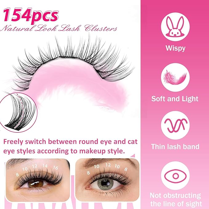 DIY Lash Extension Kit Natural Look Wispy Lash Clusters D 154 pcs Lashes Clusters 8-16 mm Eyelash Extension Kit Lash Bond and Seal Lash Tweezers Individual Lashes Lash Cluster Kit For Beginners