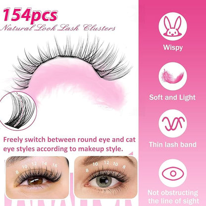 DIY Lash Extension Kit Natural Look Wispy Lash Clusters D 154 pcs Lashes Clusters 8-16 mm Eyelash Extension Kit Lash Bond and Seal Lash Tweezers Individual Lashes Lash Cluster Kit For Beginners