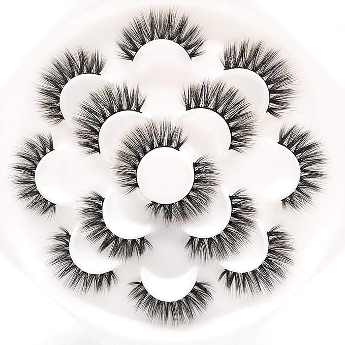 Sunniess False Eyelashes 8D Faux Mink Lashes 100% Handmade Reusable Natural Look Fake Eye lashes Cat-Eye Fluffy Wispy Lashes Dramatic Long Thick Volume Soft Lashes Packs (5D-03)