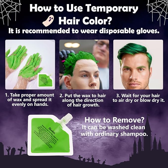 Joker Temporary Tattoos and Hair Color - 6 Sheets Joker Fake Tattoos and 20g Temporary Green Hair Color Wax Set for Halloween, Parties and Cosplay, 2 Black Eyebrow Brushes