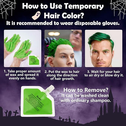 Joker Temporary Tattoos and Hair Color - 6 Sheets Joker Fake Tattoos and 20g Temporary Green Hair Color Wax Set for Halloween, Parties and Cosplay, 2 Black Eyebrow Brushes