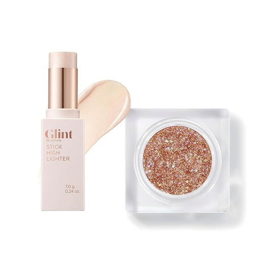 Glint Glitter Gel (Rum N Sugar, 0.13oz)& Stick Highlighter (Dewy Moon, 0.24oz) - Multi-Use Body Makeup for Eyes, Cheeks, Body, and Hair by LG Beauty. Rich Pigment, Long-Lasting Sparkle/Glitter for Par