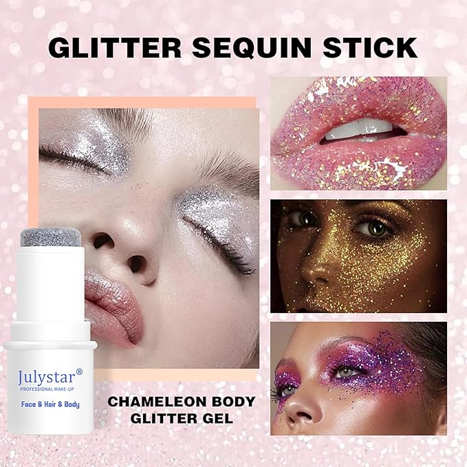 Body Glitter Stick, 4 PCS, Sparkling Holographic Mermaid Paint Sequins Shimmer Eyeshadow, Mermaid Holographic Glitter Gel, Waterproof Chunky Makeup Multiuse Glitter for Face Hair Nails, 034