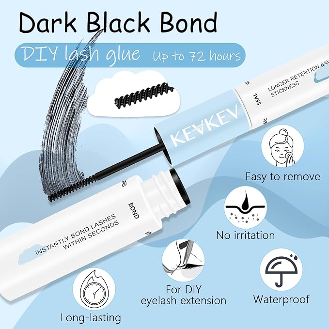 KevKev Lash Bond and Seal Waterproof Bond and Seal Lash Glue for Lash Clusters Mascara Wand Cluster Lash Glue Eyelash Bond and Seal Strong Hold for 72 Hours Avoid Stickiness (5ml+5ml)
