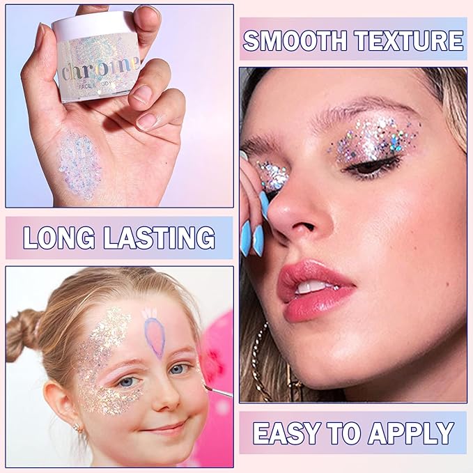 White Body Face Glitter Gel Makeup Hair Glitter Gel Long Lasting Shiny Holographic Chunky Sequins Halloween Festival Face Paint Glitter Gel Makeup - 01 Sparkling White