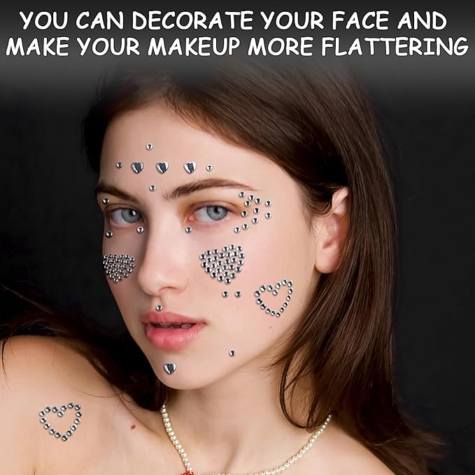 3 Sheets Face Gems Jewels Self Adhesive Heart Rhinestone Stickers for Face Eyes Makeup Hair Body Stick on Rhinestones Stickers for Valentine Festival Decal Decor(White)