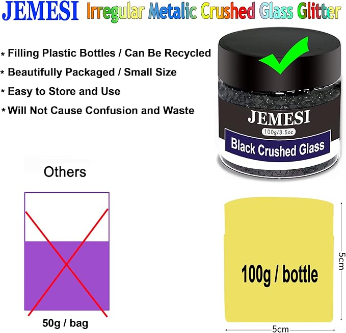 Black Broken Crushed Glass Glitter, 100g/3.5 Oz Irregular Small Chunky Chips High Luster Craft Sequins Gravel for DIY