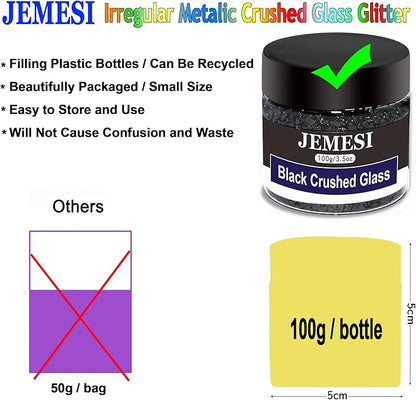 Black Broken Crushed Glass Glitter, 100g/3.5 Oz Irregular Small Chunky Chips High Luster Craft Sequins Gravel for DIY