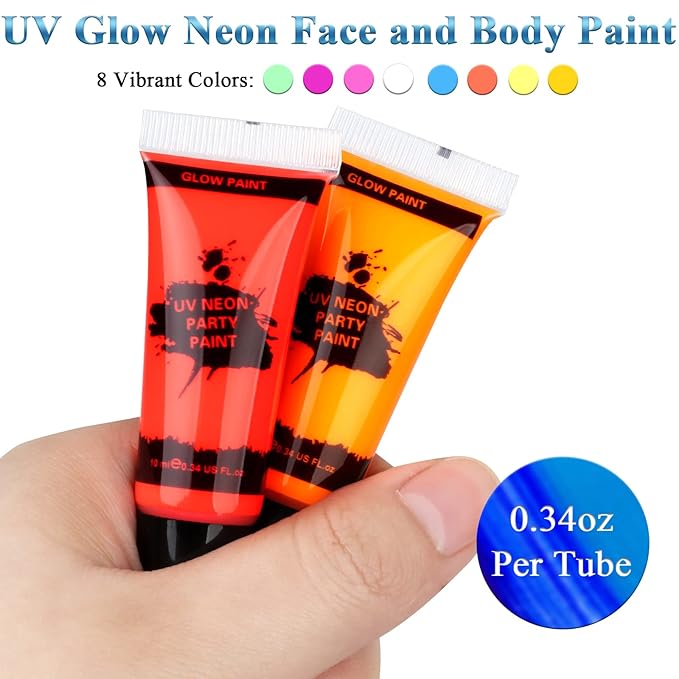 Blacklight Neon Face and Body Paint, 8 Tubes 0.34oz Glow in the Dark Body Paints, Neon Fluorescent Glow in Dark Party Supplies (10ml).…