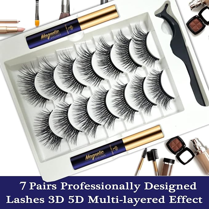 Magnetic Eyelashes with Eyeliner Kit,Cat-Eye Wispy Magnetic Lashes,False Eyelashes with Applicator,Reusable Magnet Lash Set,Natural Look,Easy,Cruelty-Free.7 Pairs