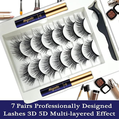 Magnetic Eyelashes with Eyeliner Kit,Cat-Eye Wispy Magnetic Lashes,False Eyelashes with Applicator,Reusable Magnet Lash Set,Natural Look,Easy,Cruelty-Free.7 Pairs