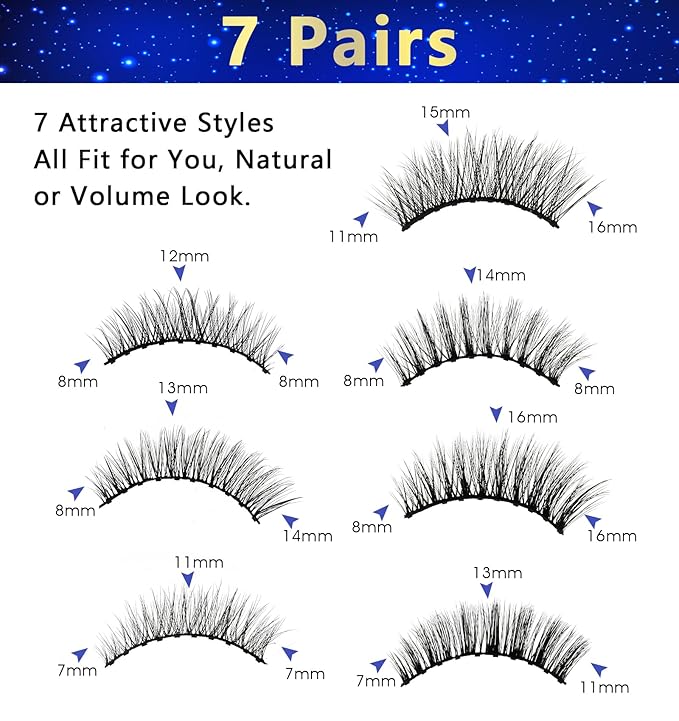 Magnetic Natural Eyelashes, 7 Pairs 10 Magnets Reusable Magnetic Eyelashes with Eyeliner - Different Lengths DIY at Home
