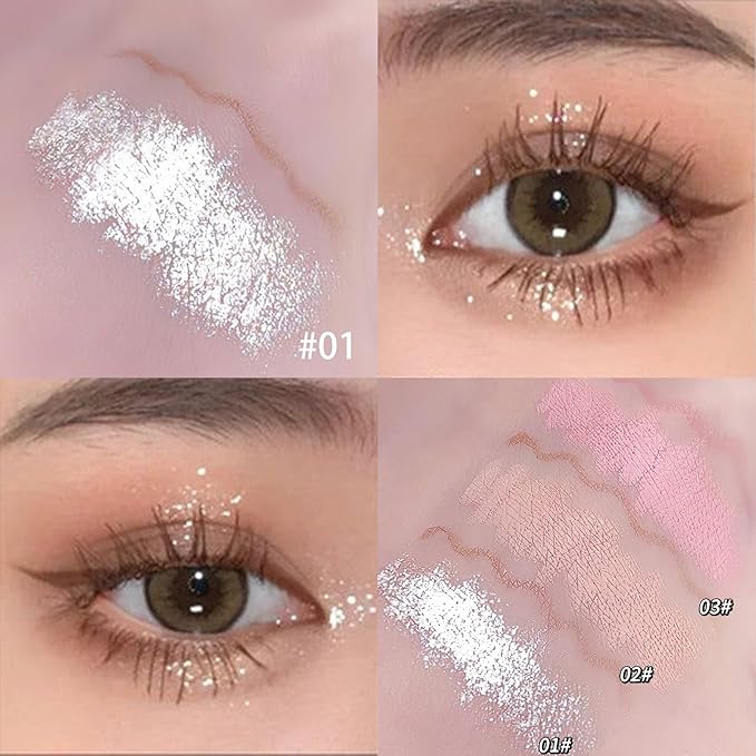 3PC Dual Ended Makeup Highlighter Pen, Glitter & Matte Nude Pink EyeLiner & Eyeshadow, Liquid Contour Liner 2 in 1 Eye Make Up Stick, Mulit-Funtional Long Lasting Lying Silkworm Pencil Set