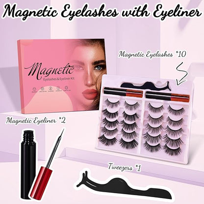 [10 Pairs] Magnetic Eyelashes and Eyeliner Kit, Reusable Magnetic Lashes with Eyeliner and Tweezers, 3D Natural Look False Eyelashes (10 PAIRS)
