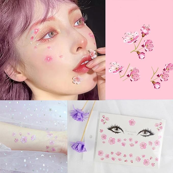Eye Shiny Butterfly Flower Stickers Facial Body Glitter Butterfly Makeup Stickers for Women Girls Waterproof Temporary Fake Flower Tattoo Sticker for Halloween Costume Party Facial Body Decoration 6 sheets