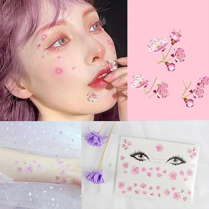 Eye Shiny Butterfly Flower Stickers Facial Body Glitter Butterfly Makeup Stickers for Women Girls Waterproof Temporary Fake Flower Tattoo Sticker for Halloween Costume Party Facial Body Decoration 6 sheets