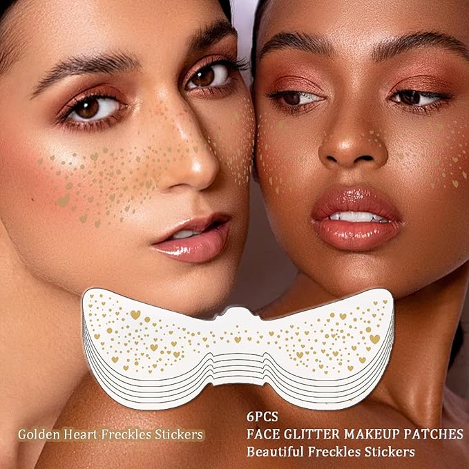 Face Makeup Patche, Freckle Face Stickers, Glitter Freckles Face Tattoo, Easy to Stick, Waterproof Long Lasting Party Makeup Stickers for Women - 6 Stickers Set (Gold)
