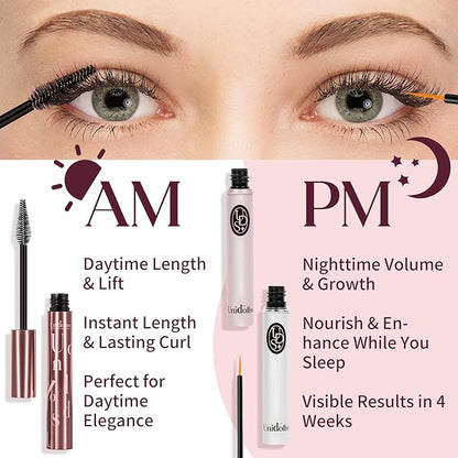 Unidollss Tubing Mascara Volume and Length Black and Lash Serum Set Lengthening Long Lasting All Day,Eyelash Growth Serum for Thicker,Longer Lash and Eyebrow,Tubing Mascara for 30+ Women,Gluten-free