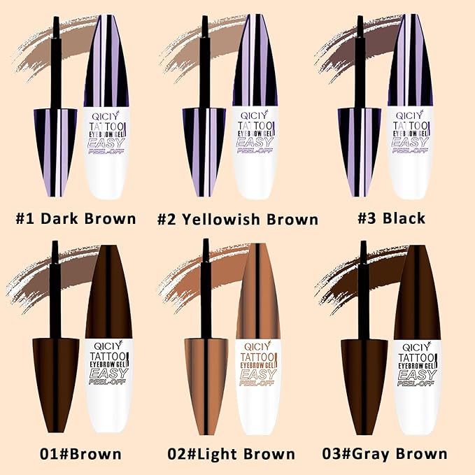 Qiciy Tattoo Eyebrow Gel Easy Peel Off, Peel Off Eyebrow Tint, Easy Peel off Eyebrow Gel, Peel Off Eyebrow Tint, Waterproof & Sweatproof for All Skin Types (#2 Yellowish Brown)