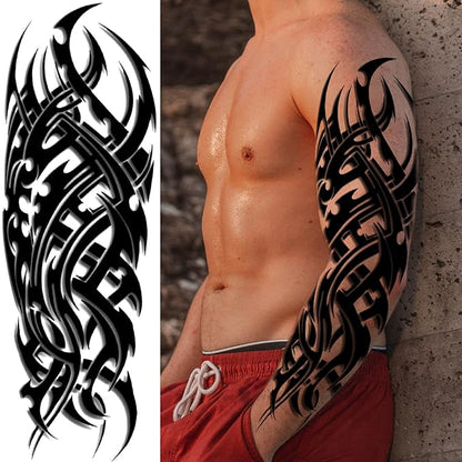 Totem Fake Tattoos Sleeve For Men Women, Full Arm Tribal Polynesian Temporary Tattoo Sleeves Adult, Large Black Hawaiian Viking Dragon Temp Tatoo Sticker Leg Body Art Makeup, 8-Sheet