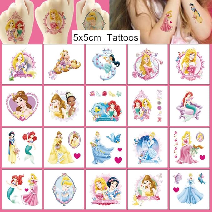 Disney Princess Temporary Tattoos - 20 Sheets, Birthday Party Favors, Cute Cartoon Princess Decoration Stickers for Kids' Home Activity, Class Prizes & Carnival Rewards
