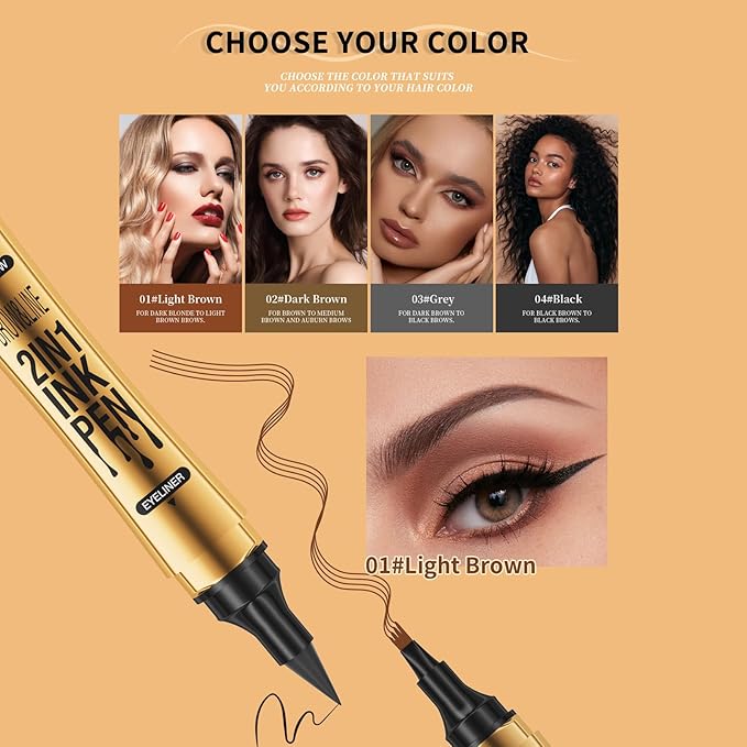 QIC 2 in 1 Microblading Eyebrow Pen with Eyeliner Pencil,3D Waterproof Magic Eyebrow Pencil with 4 Fork Tip Multifunctional Double Head Microblade Eyebrow Pencil Waterproof and Long-Lasting (Gray)