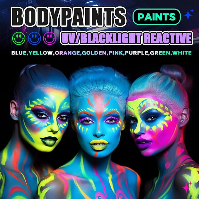 Go Ho UV Blacklight Neon White Face Body Paint,Water Based Bright Color Neon Fluorescent Body Paint with Cushion Applicator,Glow In The Dark Under UV Lighting Party Halloween Makeup Washable