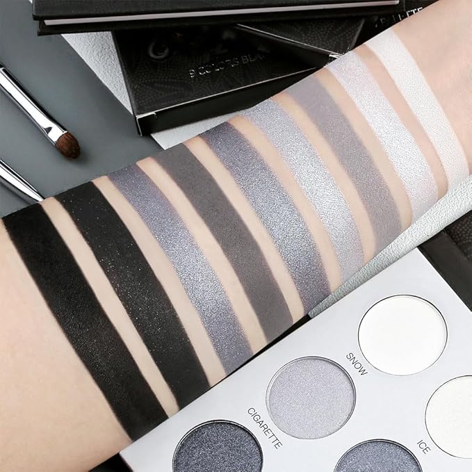 Black Grey Smokey Eyeshadow Palette,Highly Pigmented Matte Black White Gray Silver Smoky Eye Shadow,9Colors Cool Toned Eyeshadow Palette Black Radiance Eyeshadow Long Lasting Eye Makeup for Goth Look