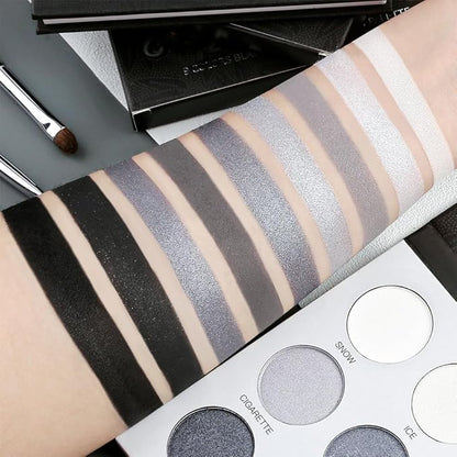 Black Grey Smokey Eyeshadow Palette,Highly Pigmented Matte Black White Gray Silver Smoky Eye Shadow,9Colors Cool Toned Eyeshadow Palette Black Radiance Eyeshadow Long Lasting Eye Makeup for Goth Look