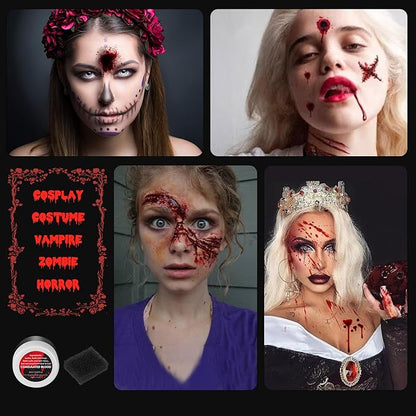 Vampire Blood and Fangs Makeup Kit,Vampire Teeth Costume 4 Size Fake Teeth,1 Fake Blood Spray,1 Dripping Blood,3 Blood Capsules,1Coagulated Blood Gel and 1 Sponges for Halloween Vampire Cosplay Makeup