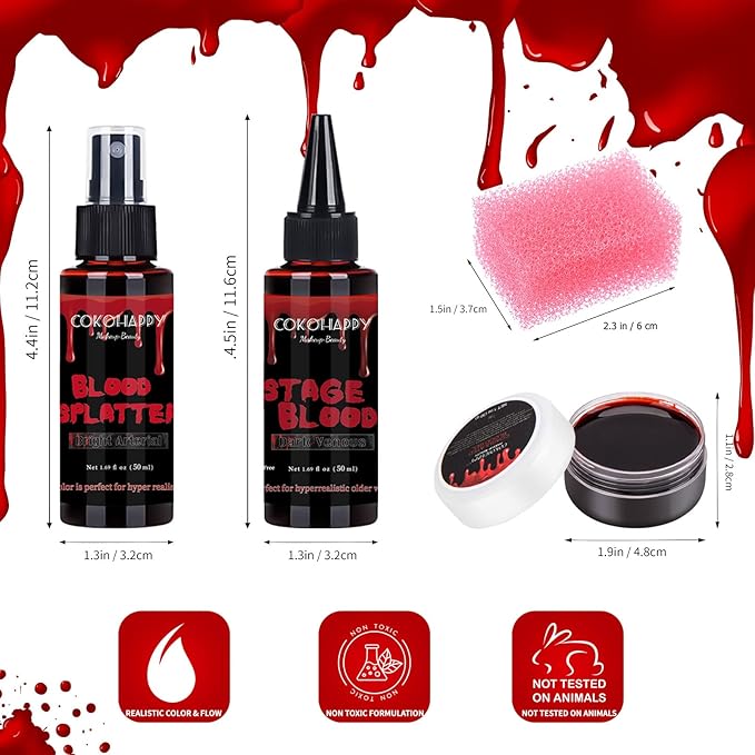 COKOHAPPY 4PCS Fake Blood Kit Halloween Makeup - Coagulated Blood 1.05oz + Fake Blood Spray 1.76oz + Stage Blood 1.76oz, Realistic Washable Special Effects SFX Makeup Set, for Zombie Vampire Monster