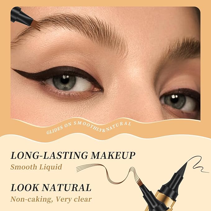 QIC 2 in 1 Microblading Eyebrow Pen with Eyeliner Pencil,3D Waterproof Magic Eyebrow Pencil with 4 Fork Tip Multifunctional Double Head Microblade Eyebrow Pencil Waterproof and Long-Lasting (Gray)