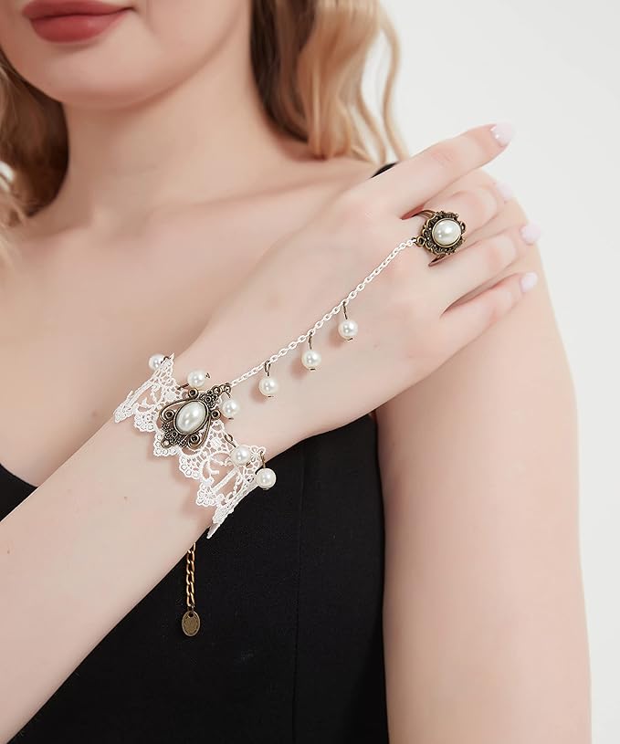 Gothic Pearl Lace Steampunk Wristband Vintage Pearl Pendant Tassel Lace Hand Chain with Finger Ring Lolita Lace Hand Accessories for Women and Girls (Style 3)