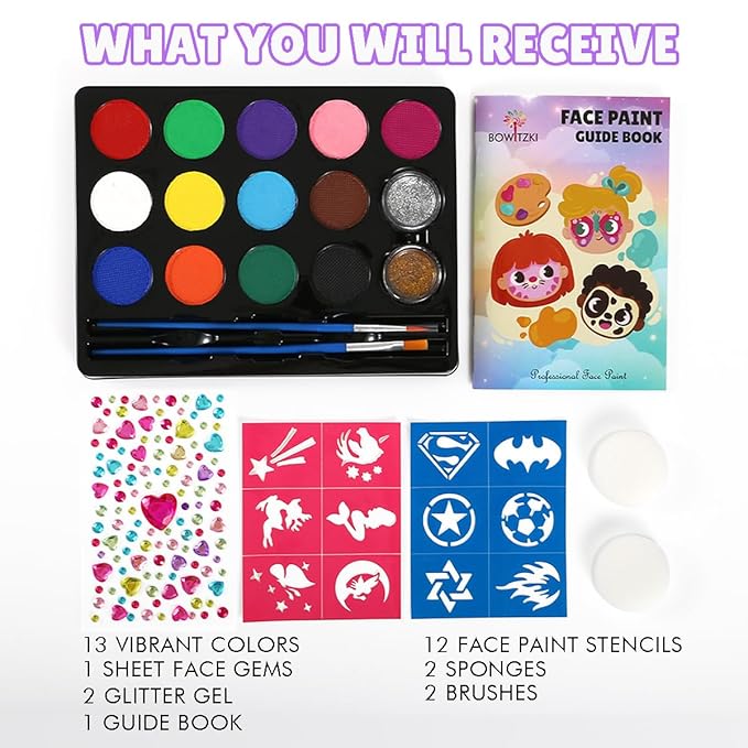 Bowitzki Face Paint Kit with 13 Colors, 12 Stencils, 2 Glitters, 2 Sponges, 2 Brushes, 1 Sheet Gems, Water Based Face Painting Kit for Kids, Safe Professional Halloween Party Makeup Set