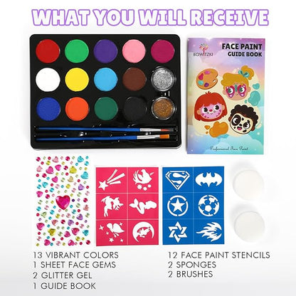 Bowitzki Face Paint Kit with 13 Colors, 12 Stencils, 2 Glitters, 2 Sponges, 2 Brushes, 1 Sheet Gems, Water Based Face Painting Kit for Kids, Safe Professional Halloween Party Makeup Set