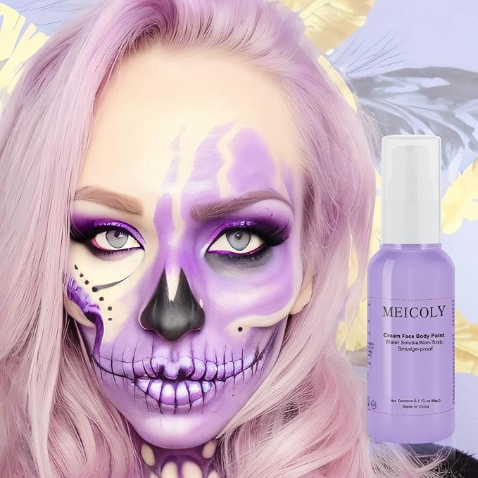 MEICOLY Cream Light Purple Face Body Paint,2.1Oz Smudge-proof Lavender Face Paint,Water Based Washable Full Body Paint for Adults and Kids,Halloween SFX Special Effects Ursula Cosplay Makeup