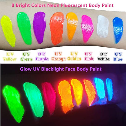 Go Ho UV Blacklight Neon Gold Face Body Paint,Water Based Bright Color Neon Fluorescent Body Paint with Cushion Applicator,Glow In The Dark Under UV Lighting Party Halloween Makeup Washable