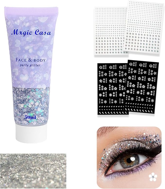 Body Glitter, Silver Face Glitter & 4 Sheets Face Gems Sticker Singer Concerts Music Festival Rave Accessories Mermaid Face Glitter Face Paint Chunky Hair Sparkling Body Glitter for Women 50ml