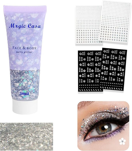 Body Glitter, Silver Face Glitter & 4 Sheets Face Gems Sticker Singer Concerts Music Festival Rave Accessories Mermaid Face Glitter Face Paint Chunky Hair Sparkling Body Glitter for Women 50ml