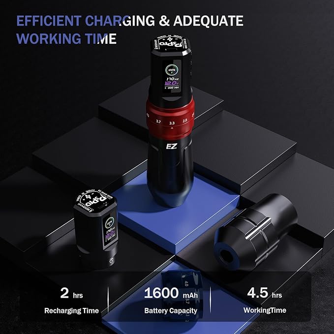 EZ P3 Pro Tattoo Gun Machine - 6 Strokes 2.0, 2.4, 2.8, 3.3, 3.7, 4.2mm Tattoo Machine Pen with OLED Digital Display 1600mAh Battery Power Tattoo Supply (Matte Red)