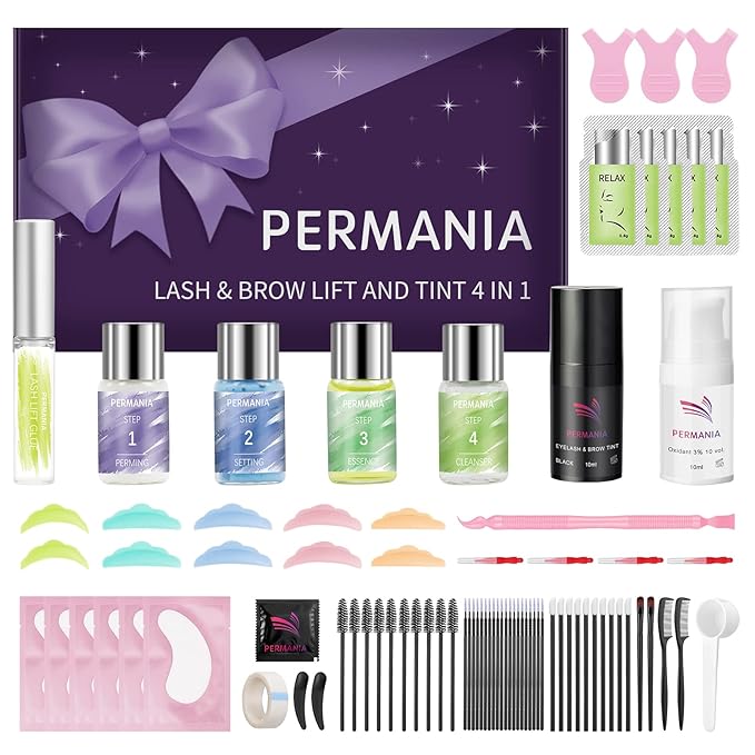 PERMANIA Lash Lift Kit, Salon Grade Supplies for Eyelash Lift and Brow Lamination Black Color 4 in 1 Fast Quick Curling & Coloring 10 ml Natural Result Hair Color Developers