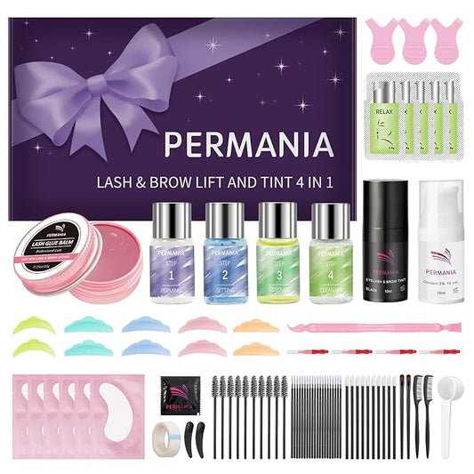 PERMANIA Lash Perm and Black Kit,Salon Grade Supplies for Eyelash Lift and Brow Lamination Black Ti-nt with Lash Lift Balm 4 IN 1 Fast Quick Curling & Coloring Natural Result Hair Color Developers