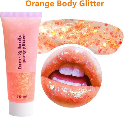 Go Ho Orange Face Body Glitter,Singer Concerts Orange Face Paint Glitter Makeup,Holographic Chunky Sequins Glitters Gel for Eye Lip Hair Nails,Festival Rave Accessories,52g