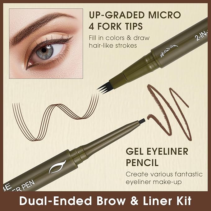 UCANBE Eyebrow Pen, Dual-Ended Eyebrow Pencil with 4-Fork-Tip & Gel Eyeliner for Women, Eye Brow Pen with Gel Eyeliner Pencil, Microblading Eyebrow Pencils with Hair Like Strokes, Light Brown